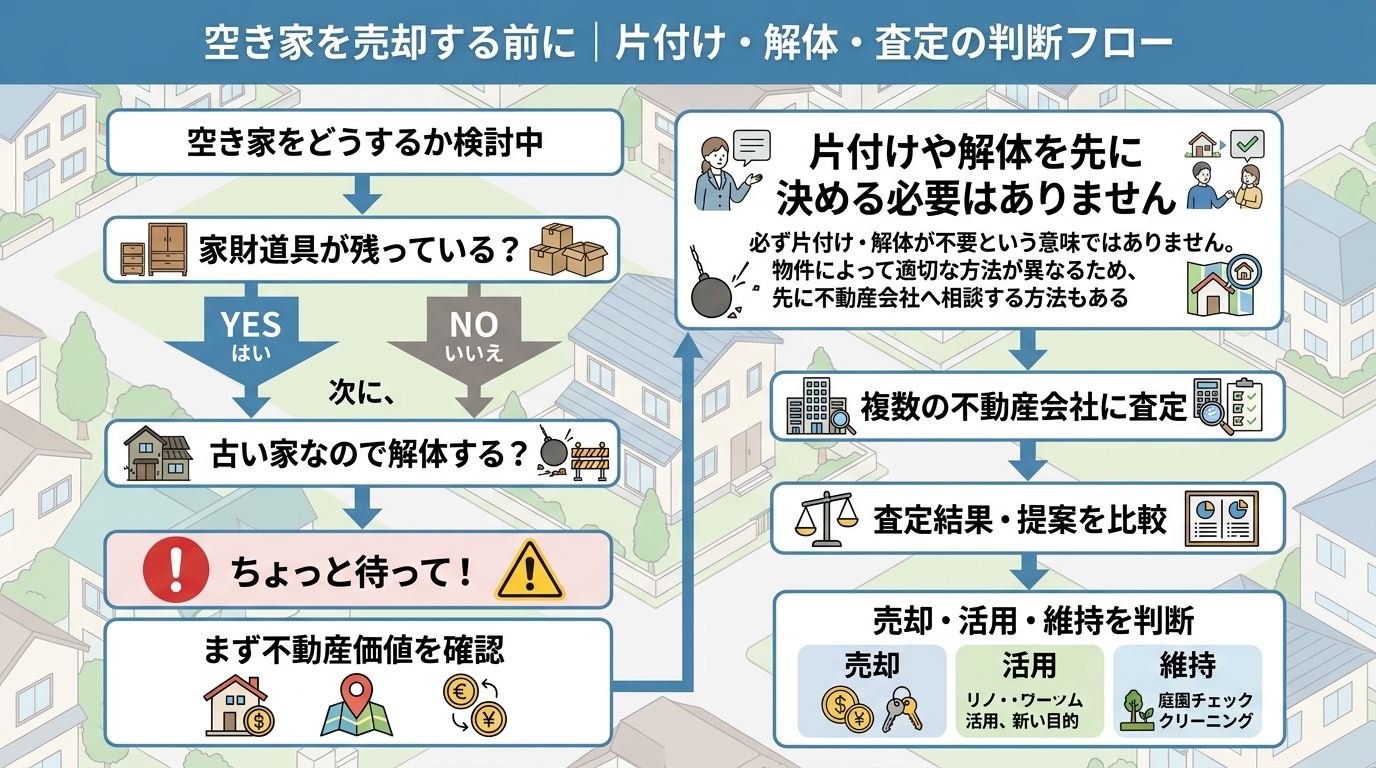 越谷市の空き家を片付け・解体する前に不動産査定を検討する判断フロー