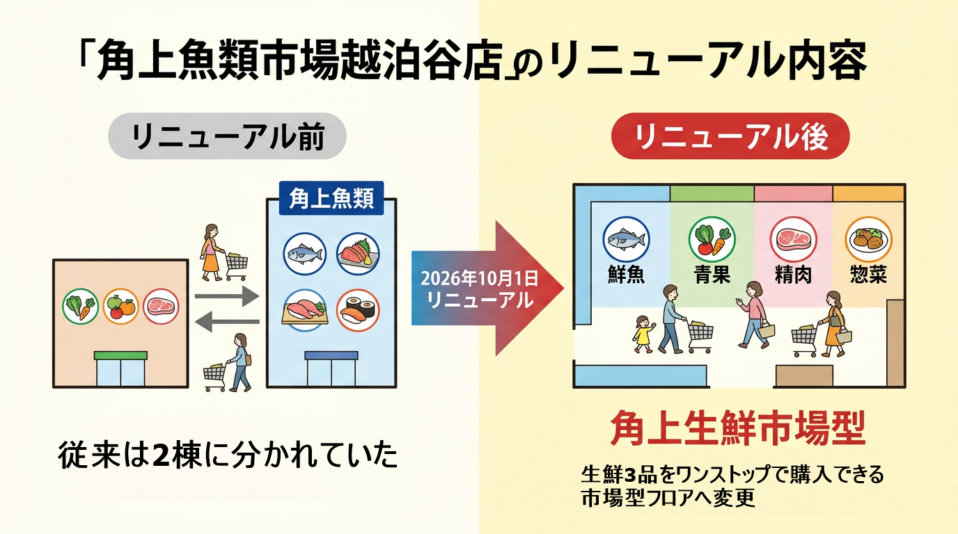 角上魚類越谷店のリニューアル前後の違いを比較した図解